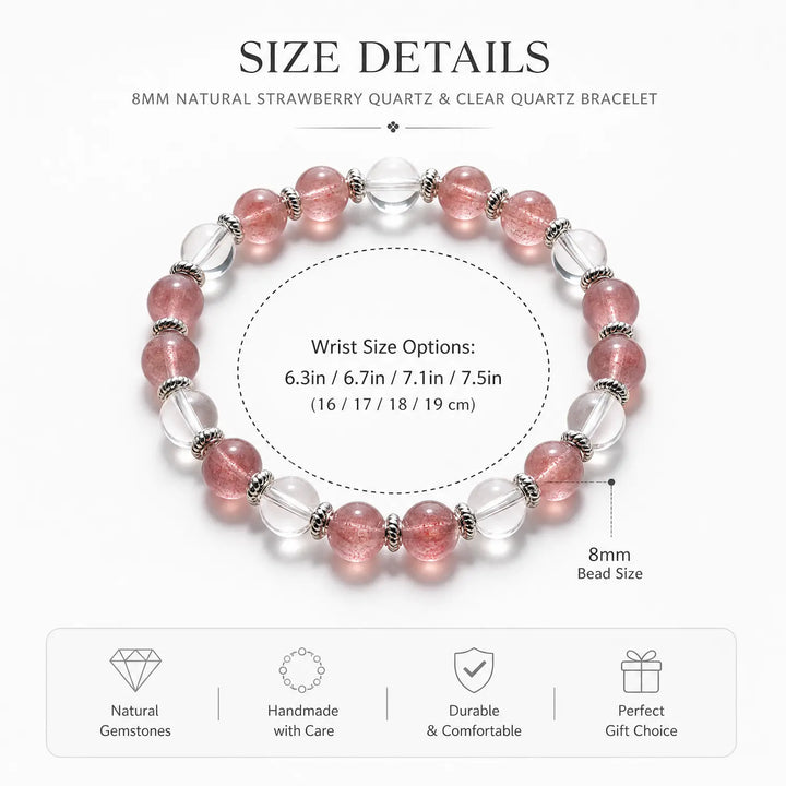 8mm Clear Quartz & Strawberry Quartz Bracelet - 05 strawberry quartz bracelet size chart wrist guide