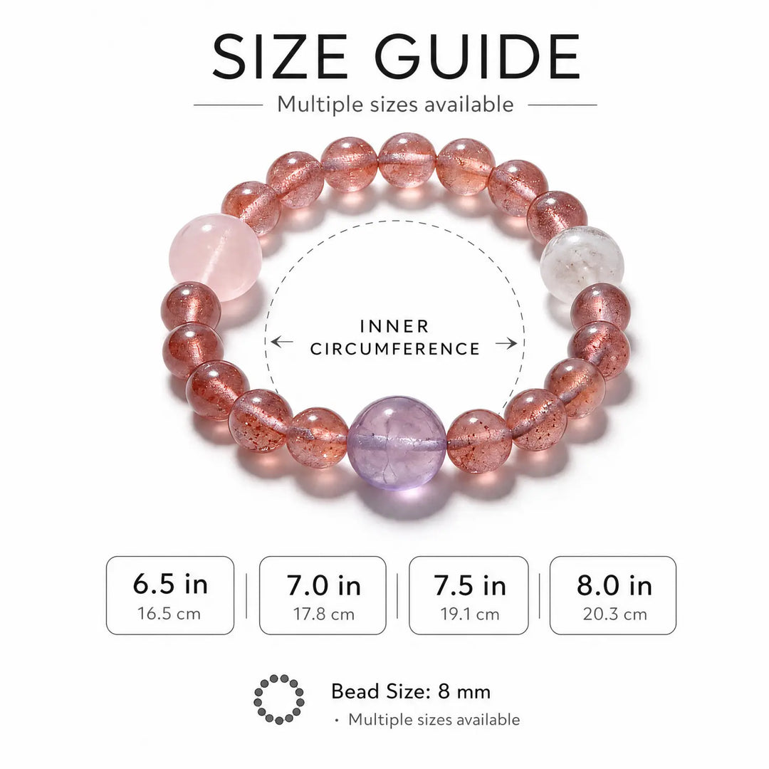 8mm Multi-Stone Crystal Bracelet with Amethyst, Rose Quartz, Clear Quartz - strawberry quartz bracelet size chart wrist guide