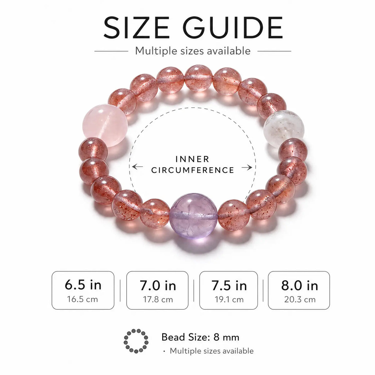 8mm Multi-Stone Crystal Bracelet with Amethyst, Rose Quartz, Clear Quartz - strawberry quartz bracelet size chart wrist guide