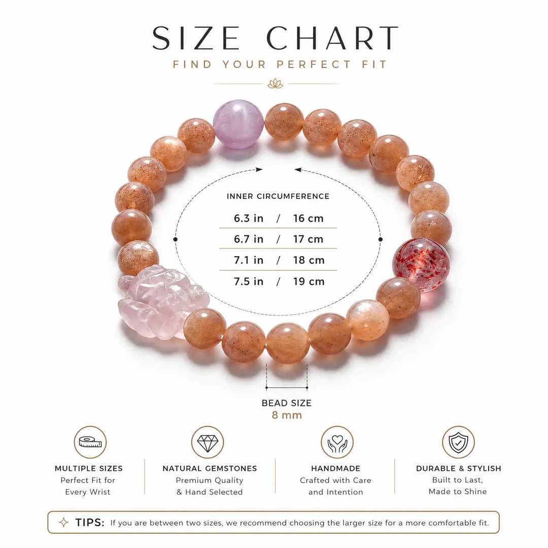 8mm Rose Quartz & Sunstone Bracelet - 05 sunstone bracelet size chart wrist guide
