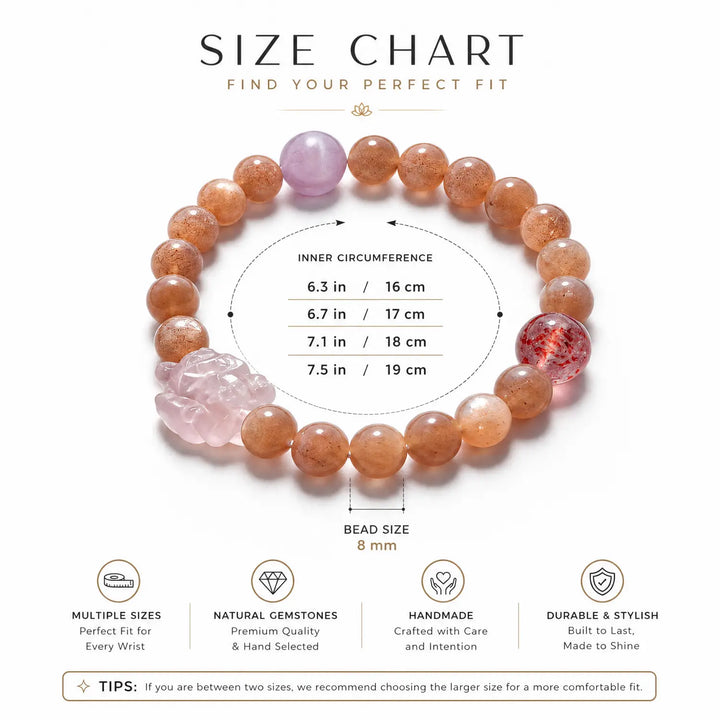 8mm Rose Quartz & Sunstone Bracelet - 05 sunstone bracelet size chart wrist guide
