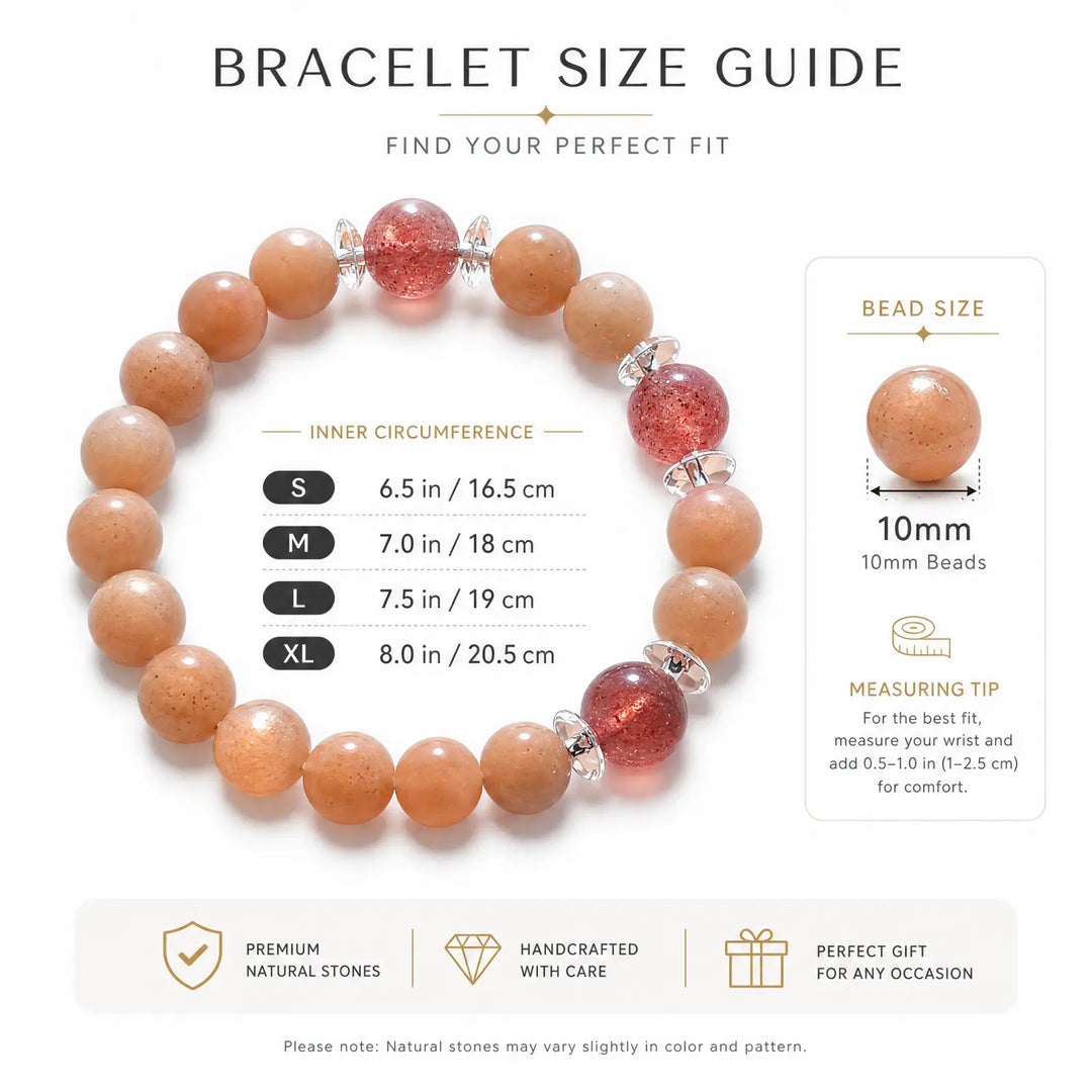10mm Multi-Stone Crystal Bracelet with Orange Moonstone, Strawberry Quartz, Moonstone - sunstone bracelet size chart wrist guide