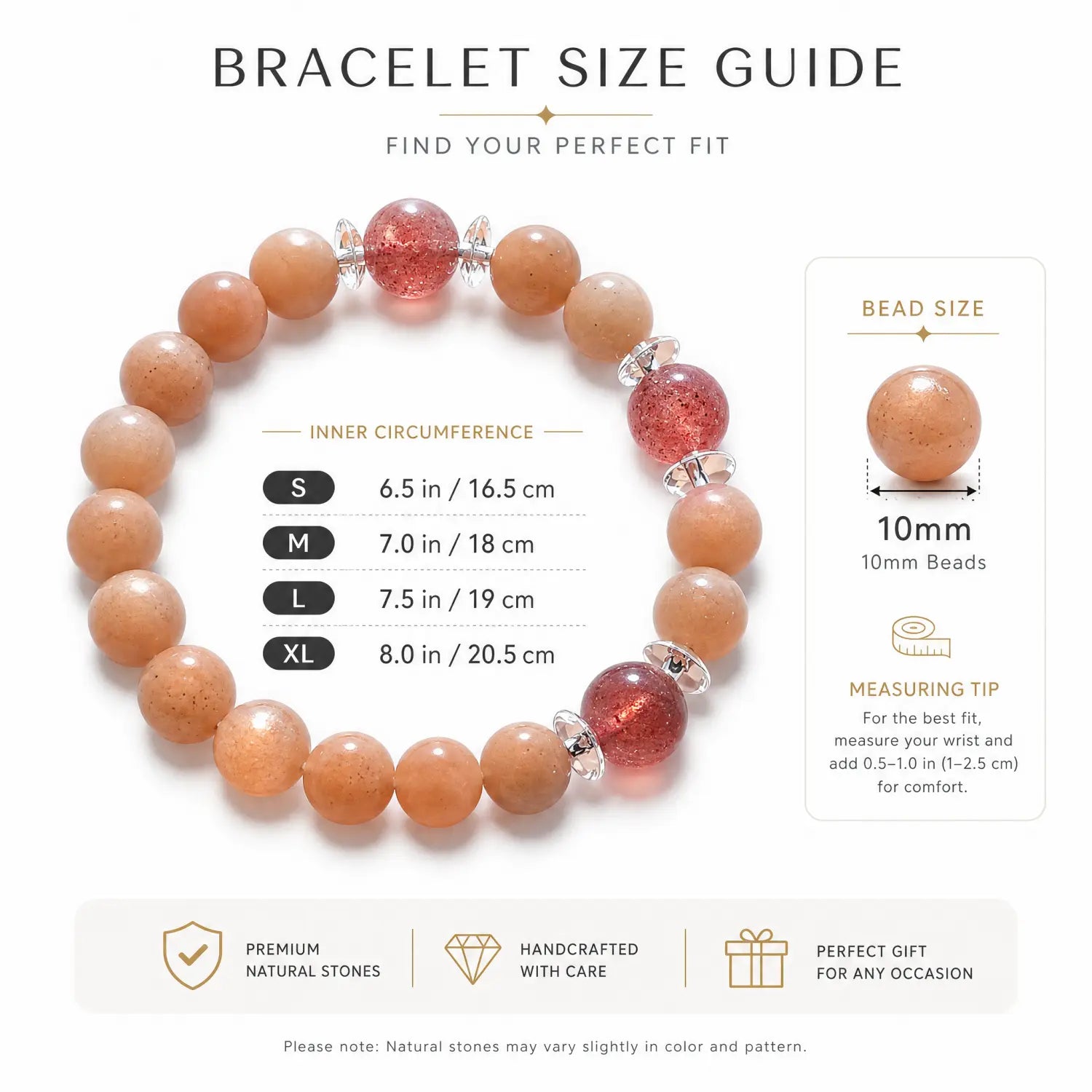 10mm Multi-Stone Crystal Bracelet with Orange Moonstone, Strawberry Quartz, Moonstone - sunstone bracelet size chart wrist guide