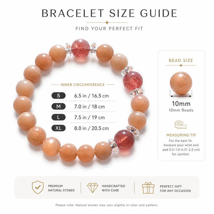 10mm Multi-Stone Crystal Bracelet with Orange Moonstone, Strawberry Quartz, Moonstone - sunstone bracelet size chart wrist guide
