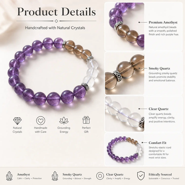 10mm Multi-Stone Crystal Bracelet with Amethyst, Clear Quartz, Smoky Quartz - amethyst jewelry gift ready box details