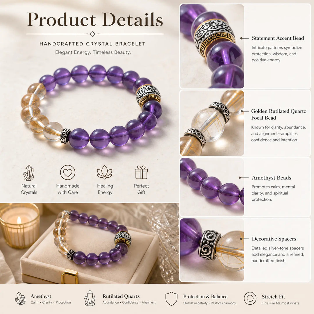 10mm Amethyst & Rutilated Quartz Bracelet - amethyst jewelry gift ready box details
