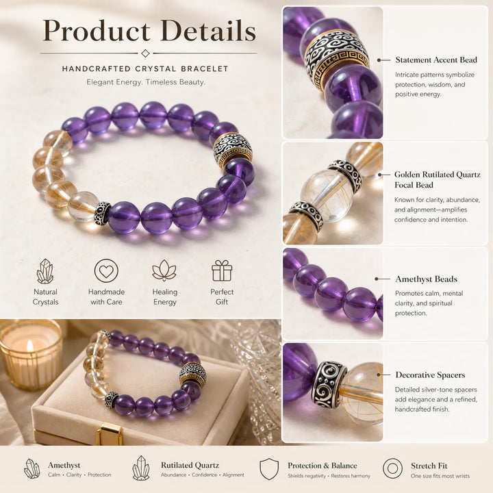 10mm Amethyst & Rutilated Quartz Bracelet - amethyst jewelry gift ready box details