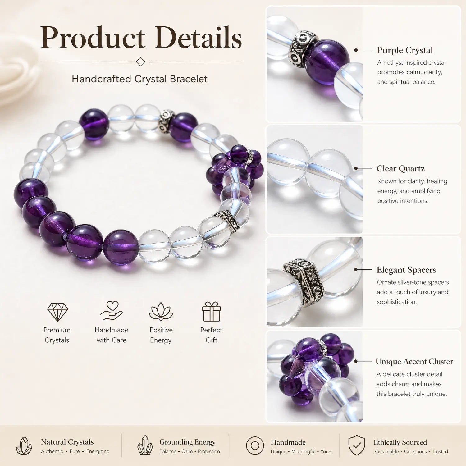 8mm Natural Amethyst Bracelet - amethyst jewelry gift ready box details