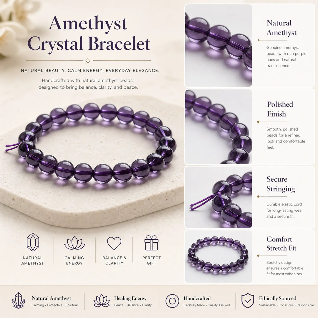8mm Natural Amethyst Bracelet - amethyst jewelry gift ready box details