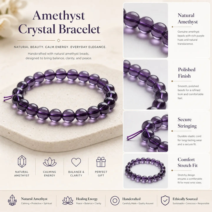 8mm Natural Amethyst Bracelet - amethyst jewelry gift ready box details