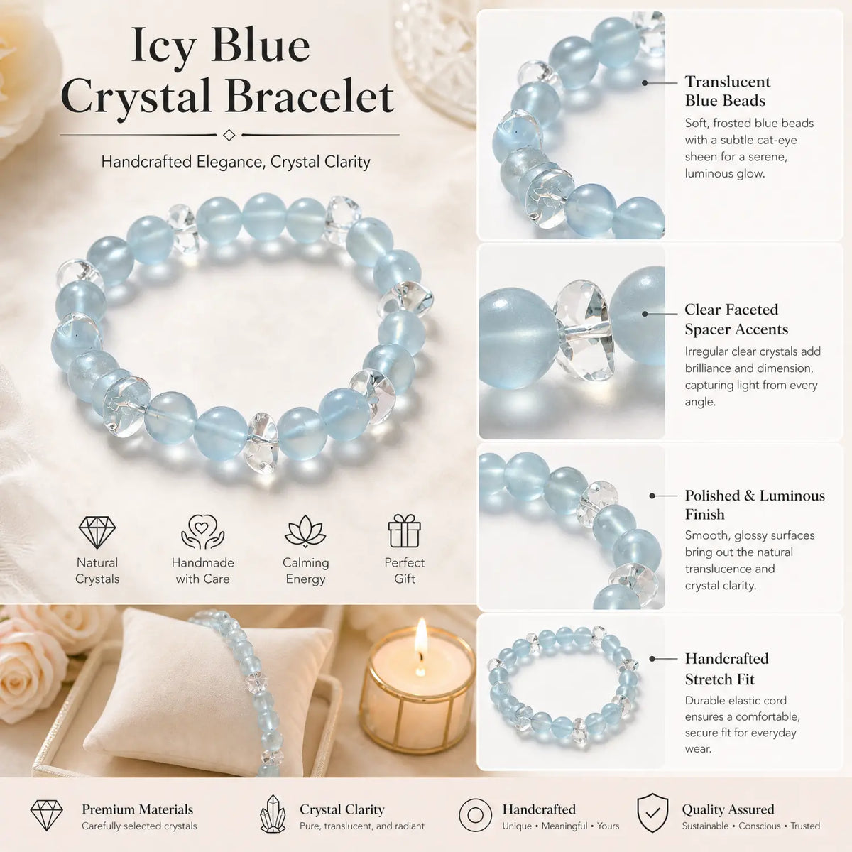 9mm Clear Quartz & Aquamarine Bracelet - aquamarine jewelry gift ready box details
