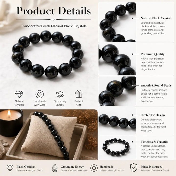 16mm Black Obsidian & Obsidian Bracelet - 06 black obsidian jewelry gift ready box details