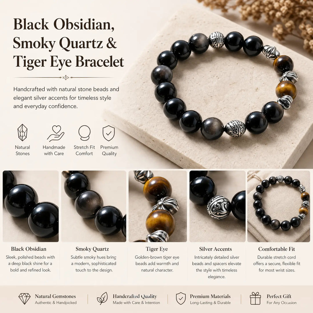 10mm Multi-Stone Crystal Bracelet with Silver Obsidian, Obsidian, Tiger Eye - black obsidian jewelry gift ready box details