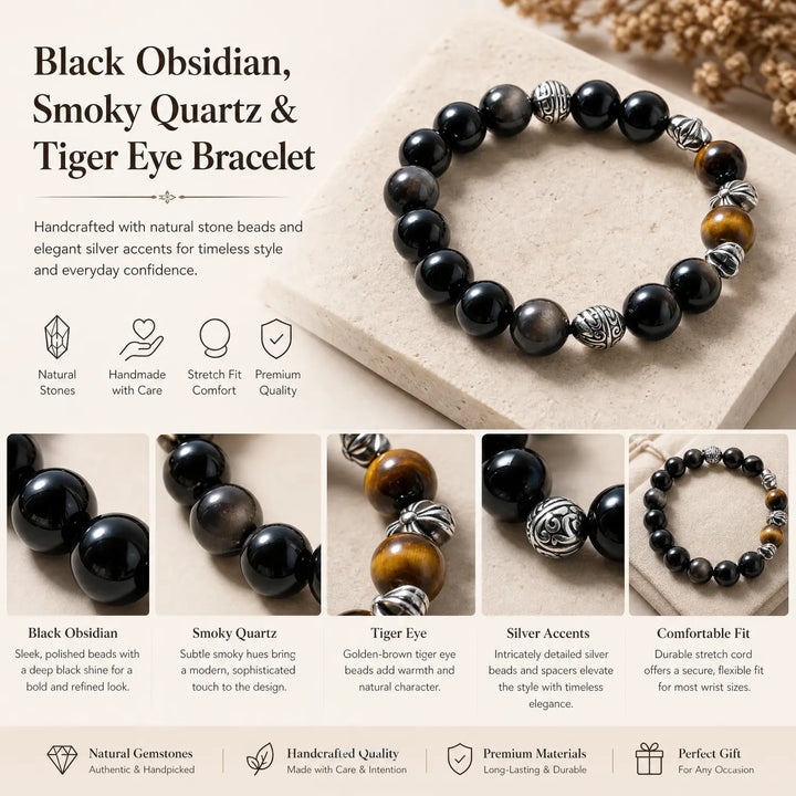 10mm Multi-Stone Crystal Bracelet with Silver Obsidian, Obsidian, Tiger Eye - black obsidian jewelry gift ready box details