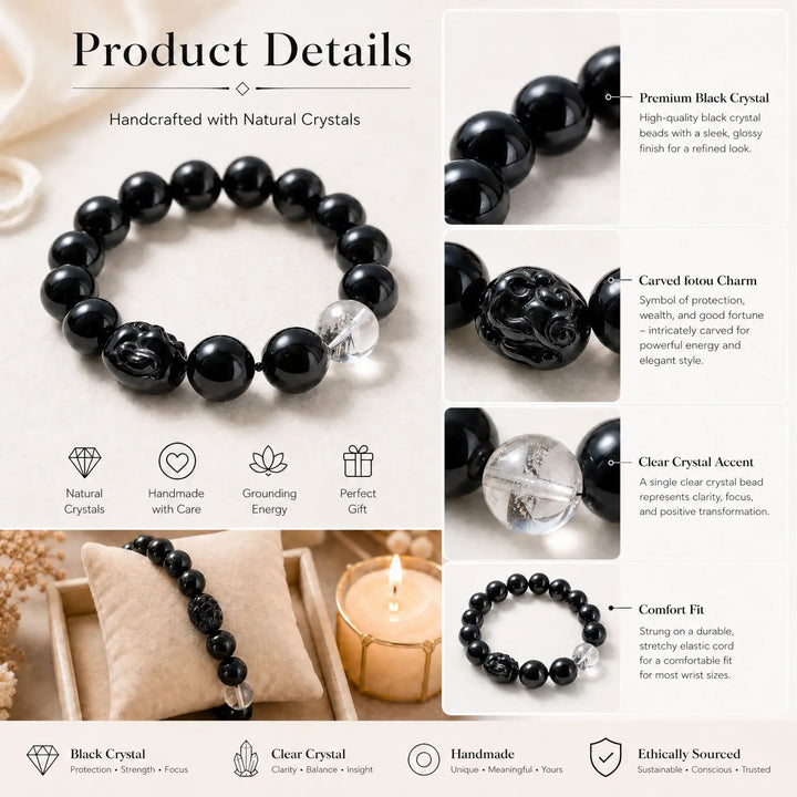 16mm Clear Quartz & Obsidian Bracelet - black obsidian jewelry gift ready box details
