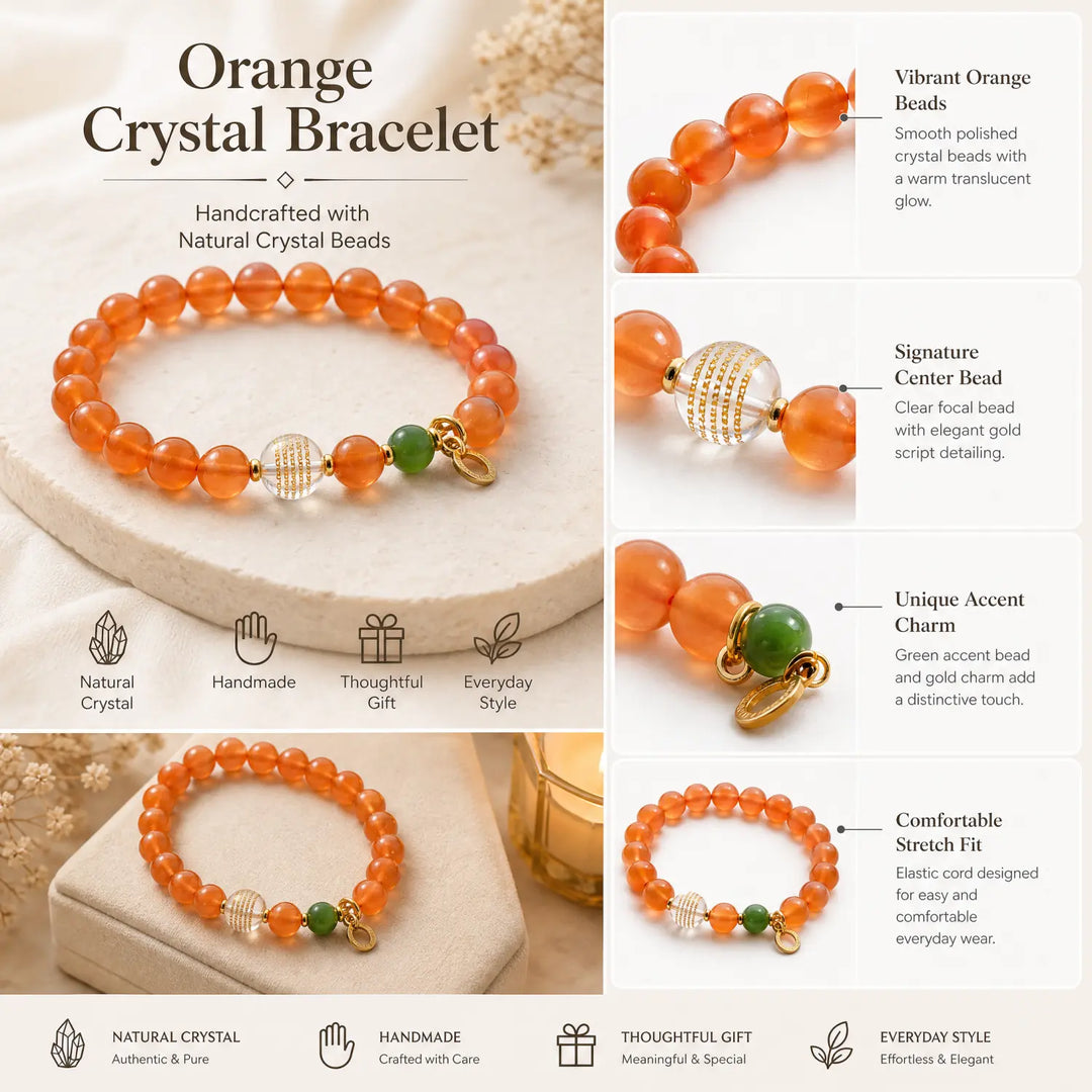 8mm Clear Quartz & Carnelian & Rutilated Quartz Bracelet - 06 carnelian jewelry gift ready box details