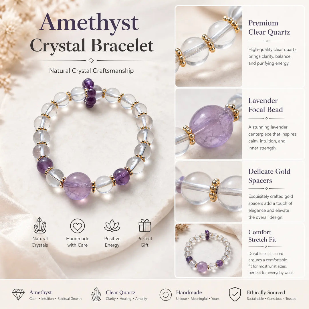 10mm Amethyst & Clear Quartz Bracelet - clear quartz jewelry gift ready box details