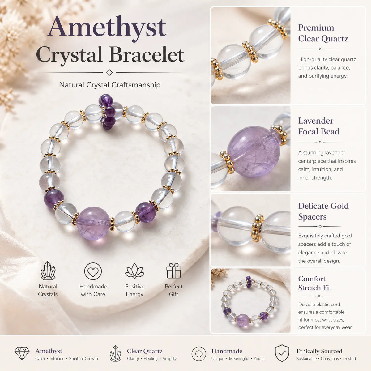 10mm Amethyst & Clear Quartz Bracelet - clear quartz jewelry gift ready box details
