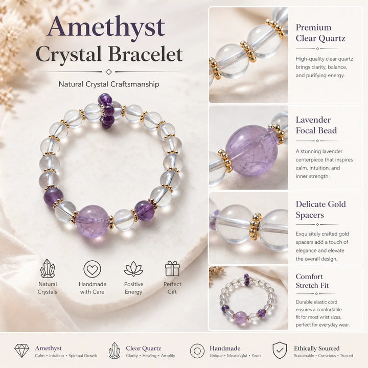 10mm Amethyst & Clear Quartz Bracelet - clear quartz jewelry gift ready box details