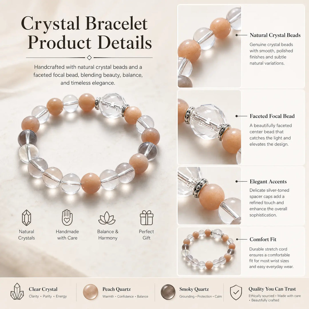 10mm Clear Quartz & Sunstone Bracelet - clear quartz jewelry gift ready box details