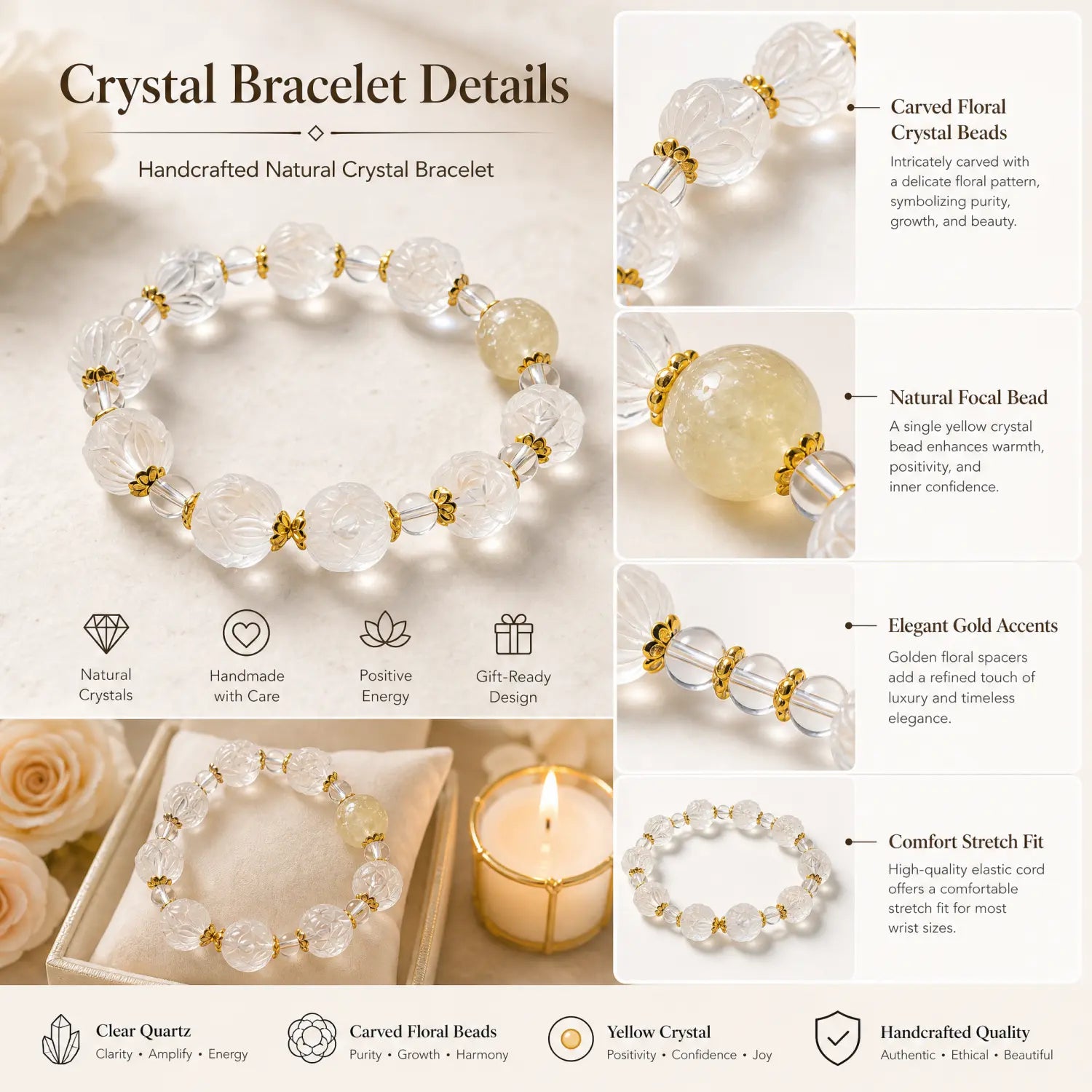 13mm Clear Quartz & Citrine Bracelet - clear quartz jewelry gift ready box details