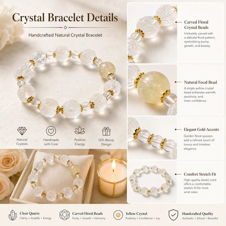 13mm Clear Quartz & Citrine Bracelet - clear quartz jewelry gift ready box details