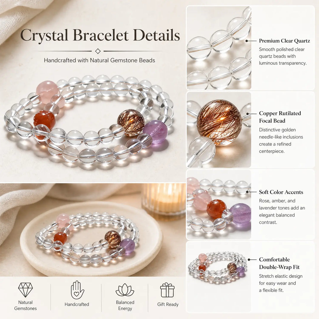 8mm Multi-Stone Crystal Bracelet with Amethyst, Rose Quartz, Clear Quartz - clear quartz jewelry gift ready box details