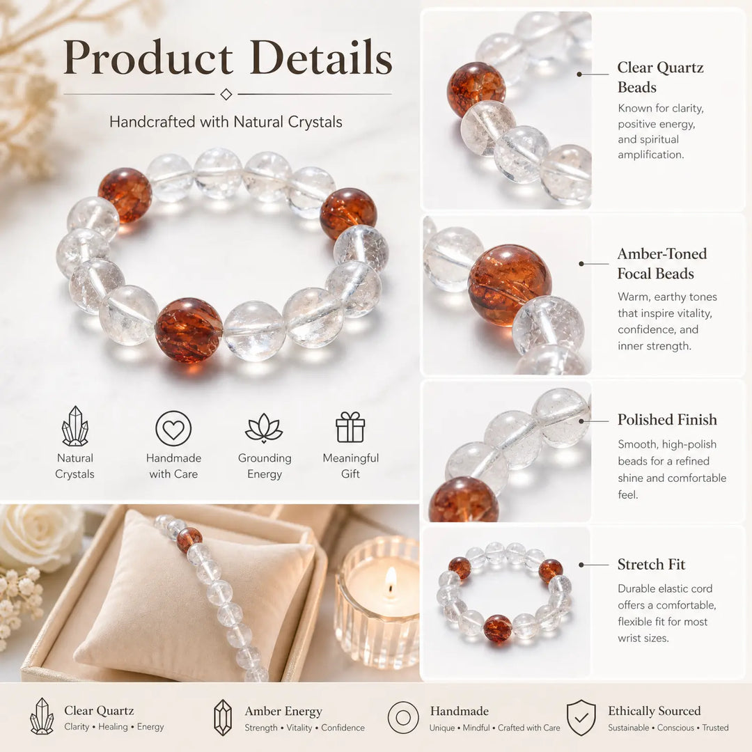 13mm Clear Quartz & Red Hematoid Quartz Bracelet - clear quartz jewelry gift ready box details