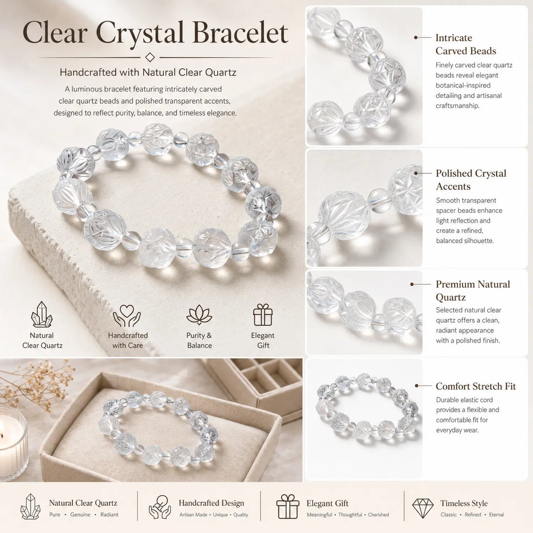 13mm Natural Clear Quartz Bracelet - clear quartz jewelry gift ready box details