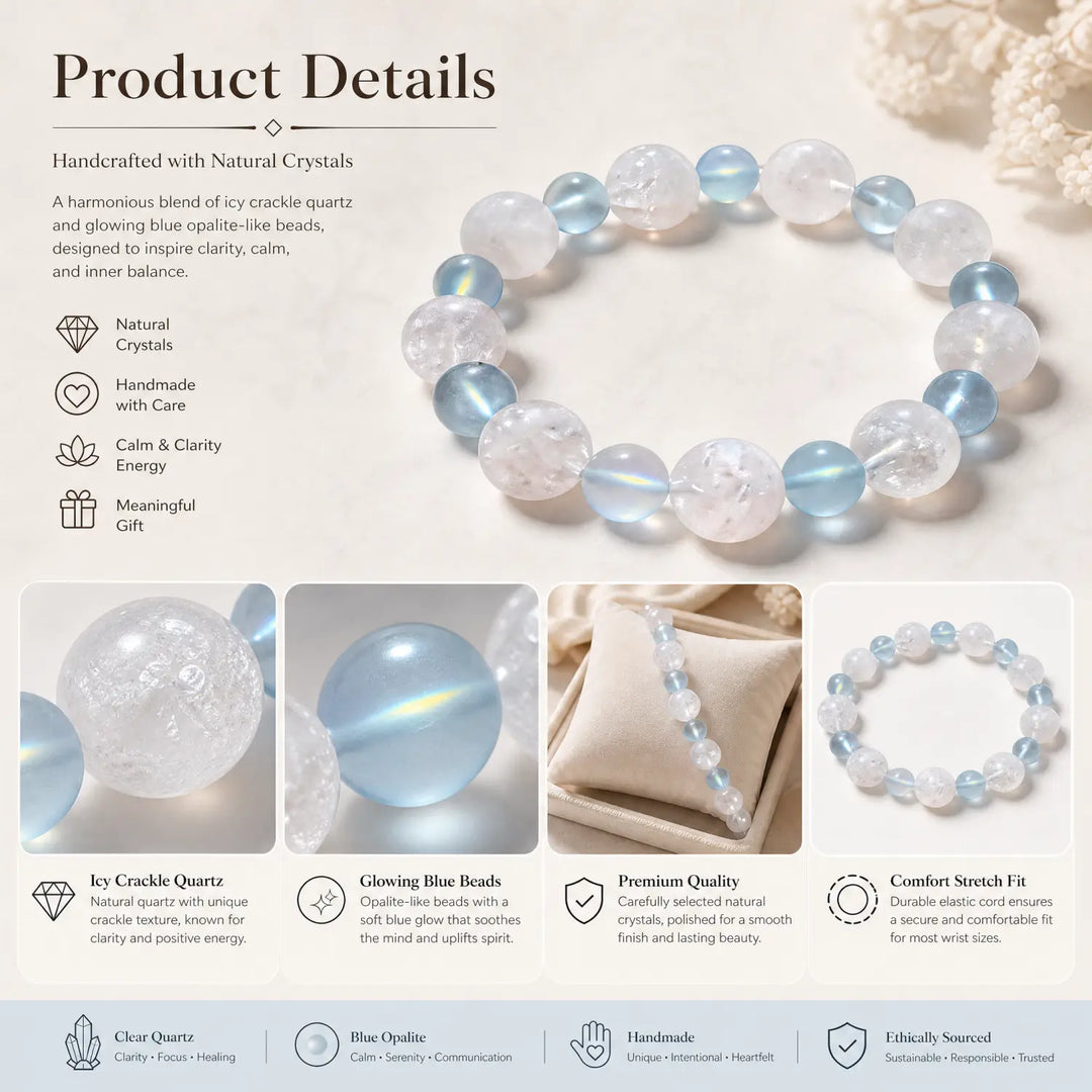 13mm Multi-Stone Crystal Bracelet with White Phantom Quartz, Moonstone, Aquamarine - clear quartz jewelry gift ready box details