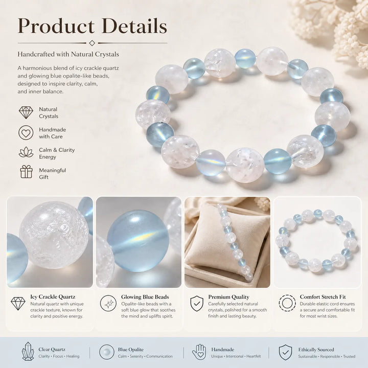 13mm Multi-Stone Crystal Bracelet with White Phantom Quartz, Moonstone, Aquamarine - clear quartz jewelry gift ready box details