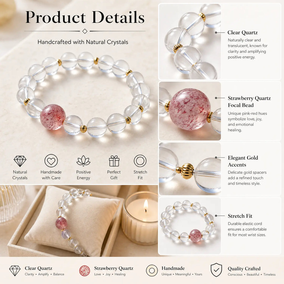 10mm Clear Quartz & Strawberry Quartz Bracelet - 06 clear quartz jewelry gift ready box details
