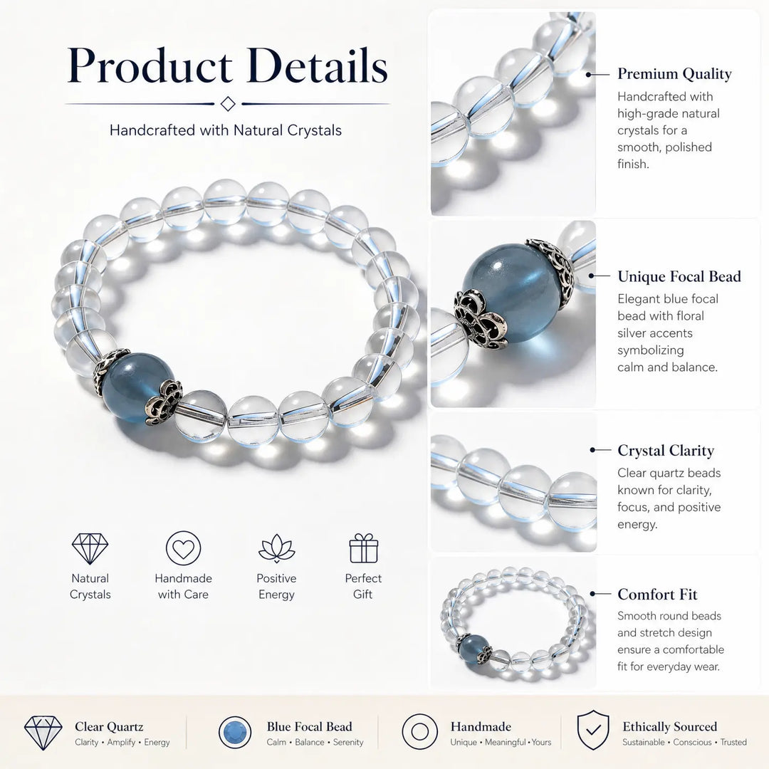 8mm Clear Quartz & Aquamarine Bracelet - clear quartz jewelry gift ready box details