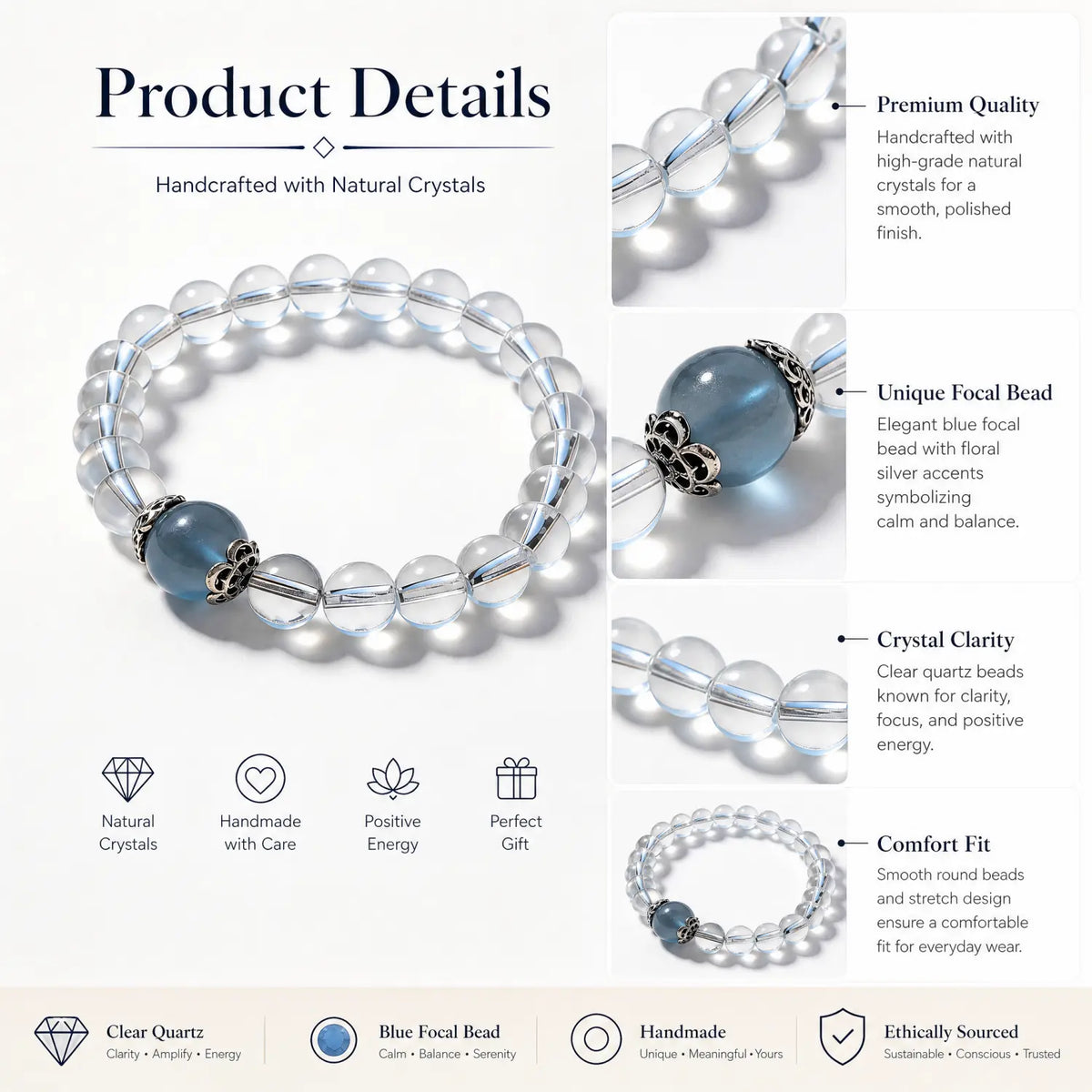 8mm Clear Quartz & Aquamarine Bracelet - clear quartz jewelry gift ready box details