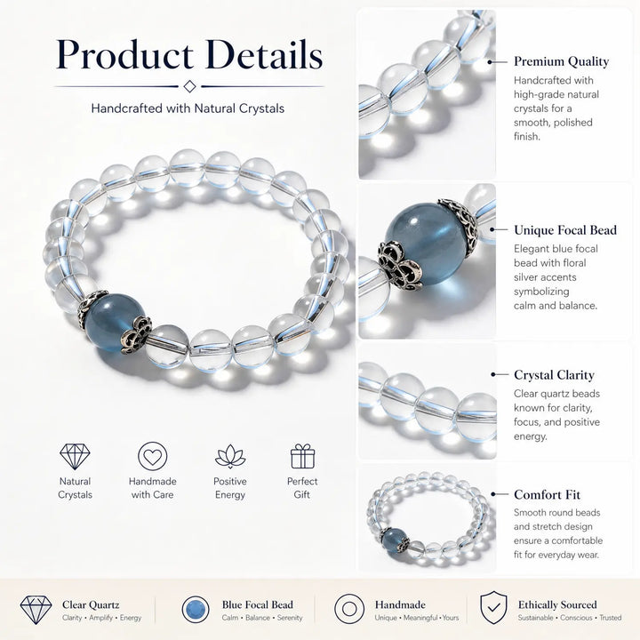 8mm Clear Quartz & Aquamarine Bracelet - clear quartz jewelry gift ready box details