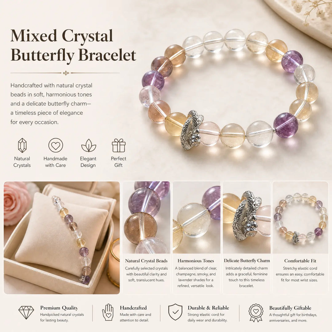 10mm Amethyst & Clear Quartz & Smoky Quartz Bracelet - 06 fluorite jewelry gift ready box details