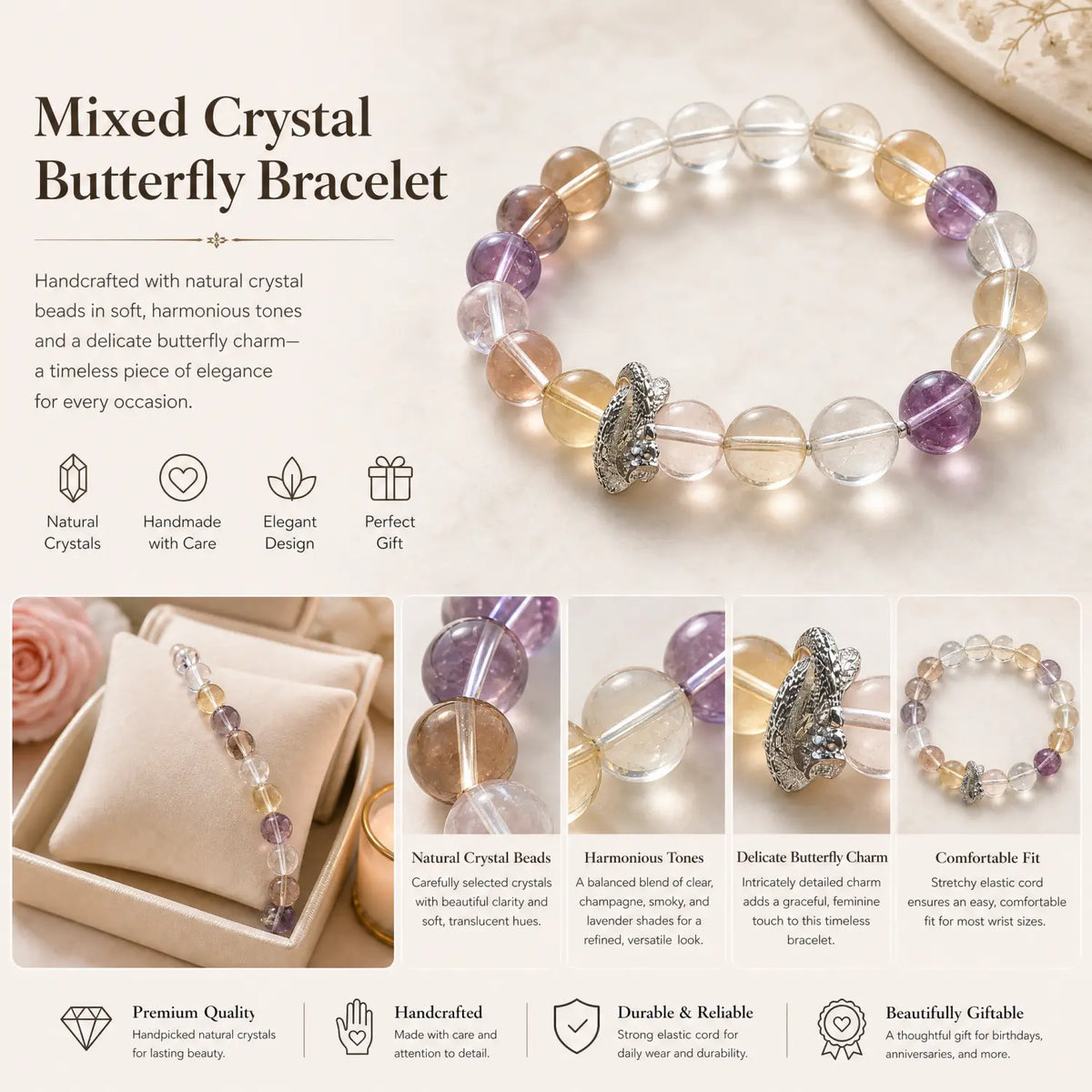 10mm Amethyst & Clear Quartz & Smoky Quartz Bracelet - 06 fluorite jewelry gift ready box details