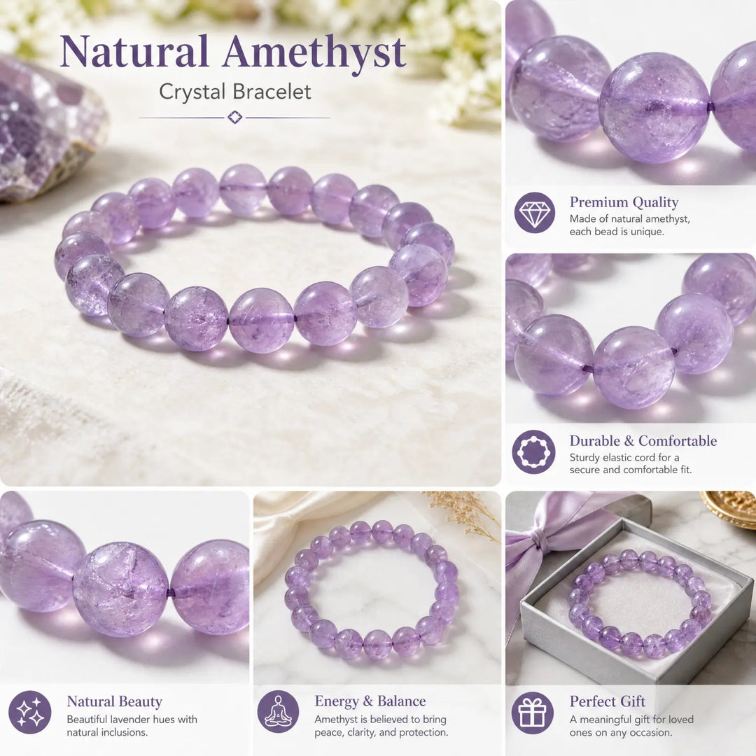 12mm Lavender Amethyst & Amethyst Bracelet - 06 lavender amethyst jewelry gift ready box details
