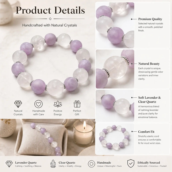 15mm Rose Quartz & Kunzite Bracelet - lavender amethyst jewelry gift ready box details