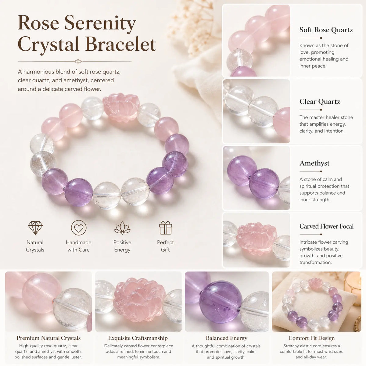 12mm Lavender Amethyst & Amethyst & Rose Quartz Bracelet - 06 mixed crystal jewelry gift ready box details