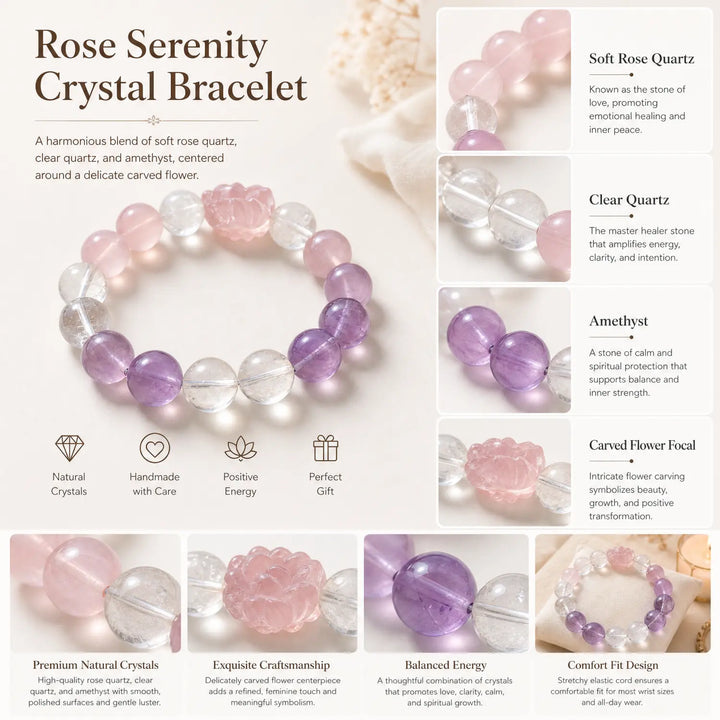 12mm Lavender Amethyst & Amethyst & Rose Quartz Bracelet - 06 mixed crystal jewelry gift ready box details