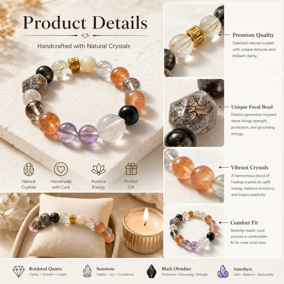 12mm Lavender Amethyst & Amethyst & Clear Quartz Bracelet - 06 mixed crystal jewelry gift ready box details