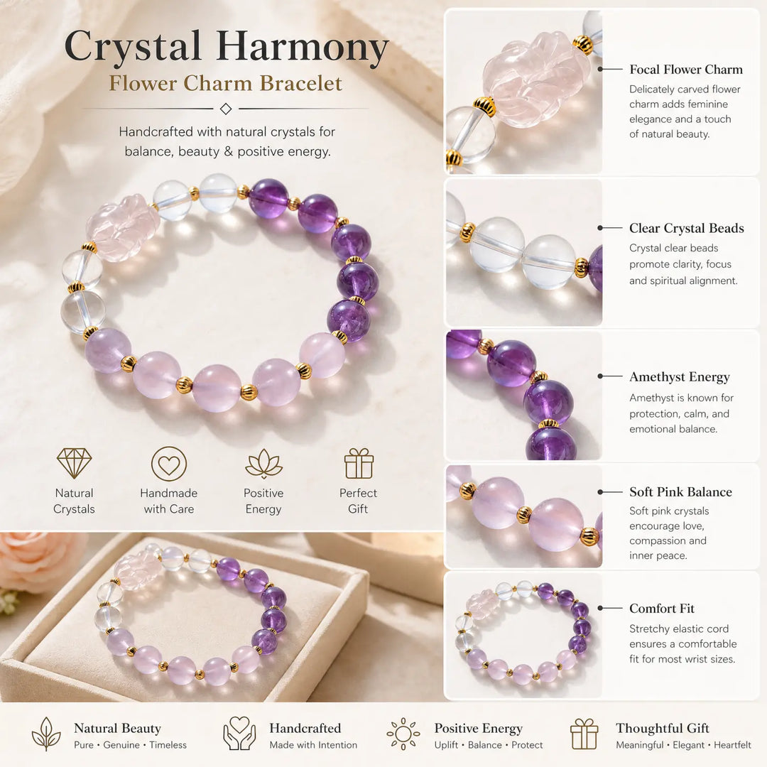 10mm Amethyst & Clear Quartz Bracelet - 06 mixed crystal jewelry gift ready box details
