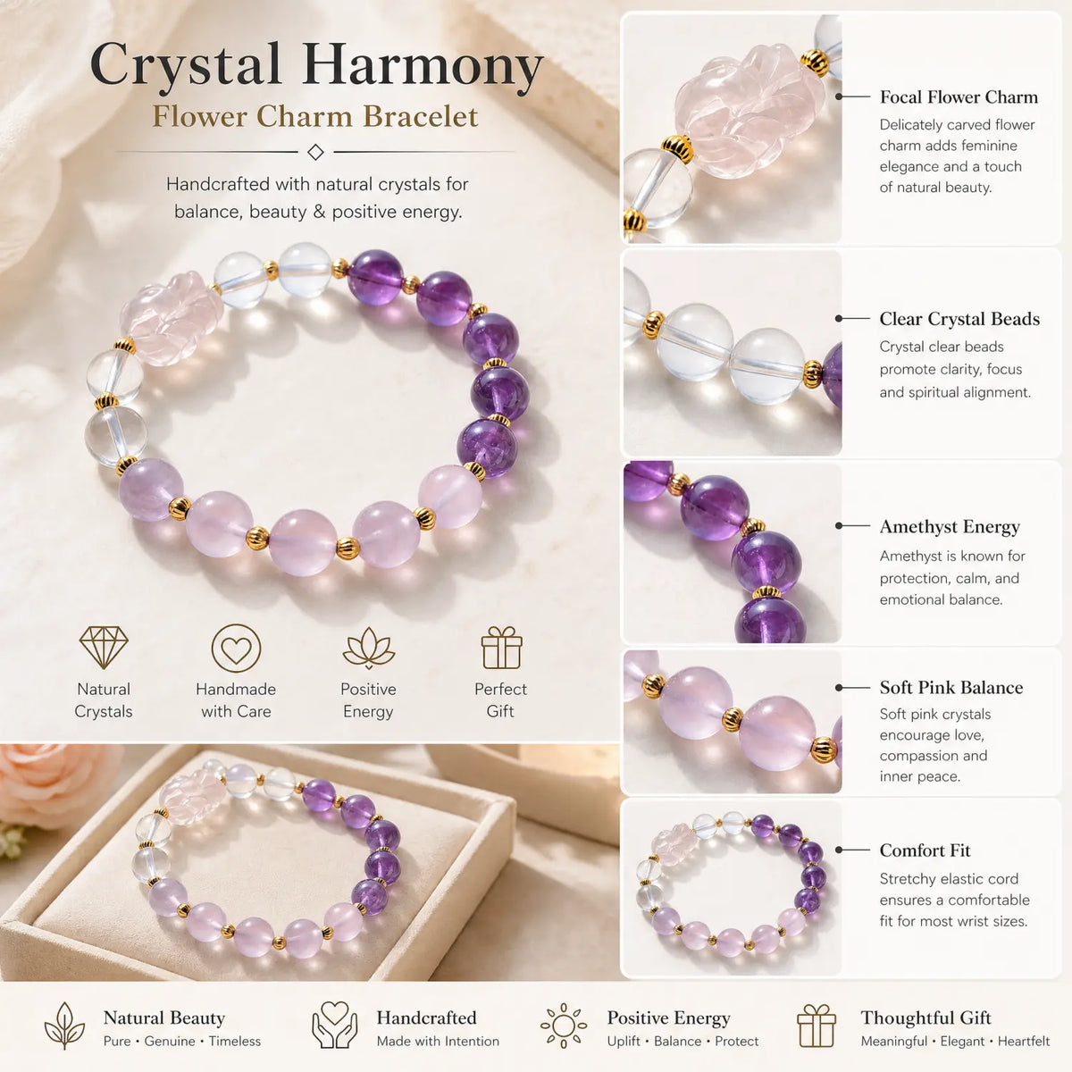 10mm Amethyst & Clear Quartz Bracelet - 06 mixed crystal jewelry gift ready box details