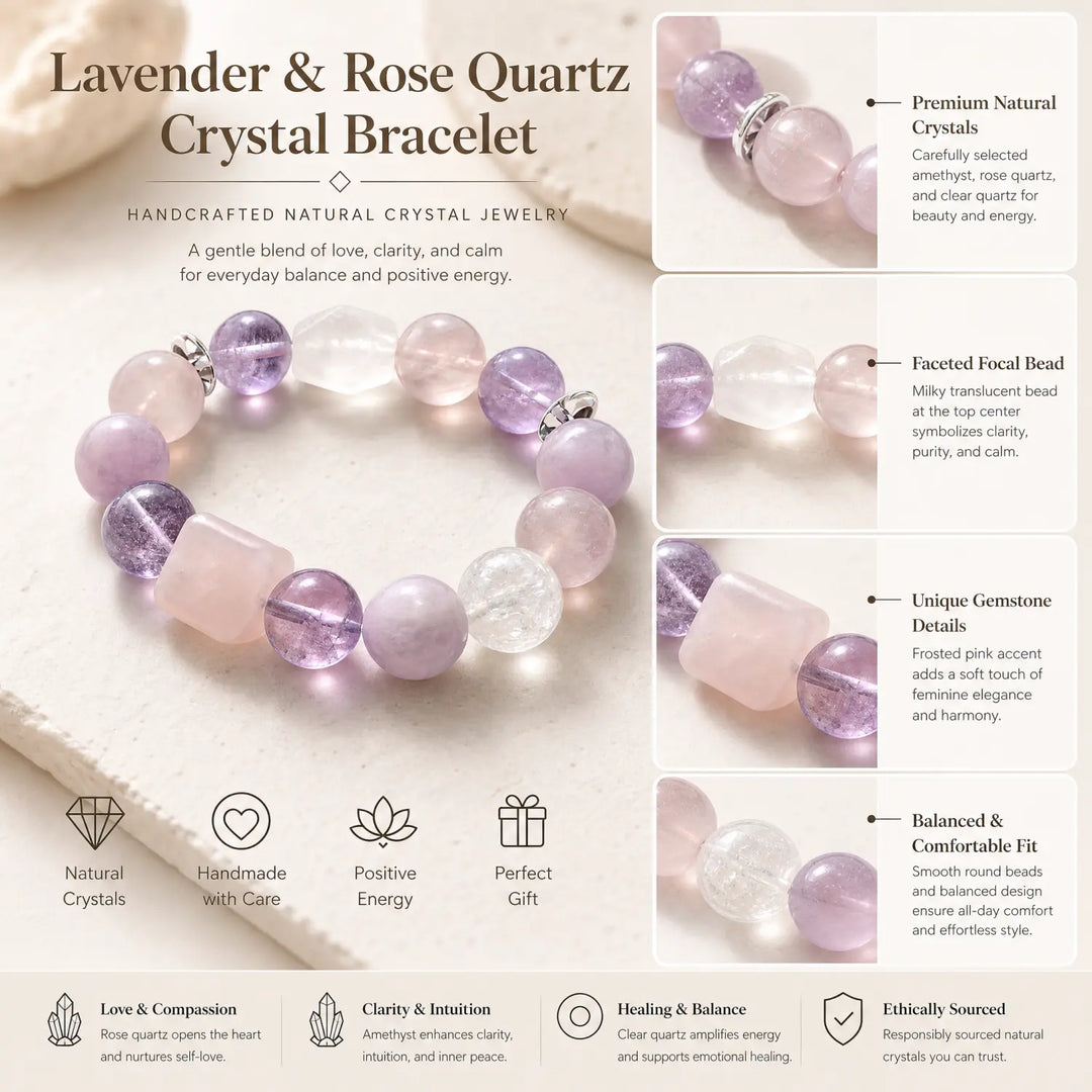 13mm Multi-Stone Crystal Bracelet with Amethyst, Rose Quartz, Clear Quartz - mixed crystal jewelry gift ready box details