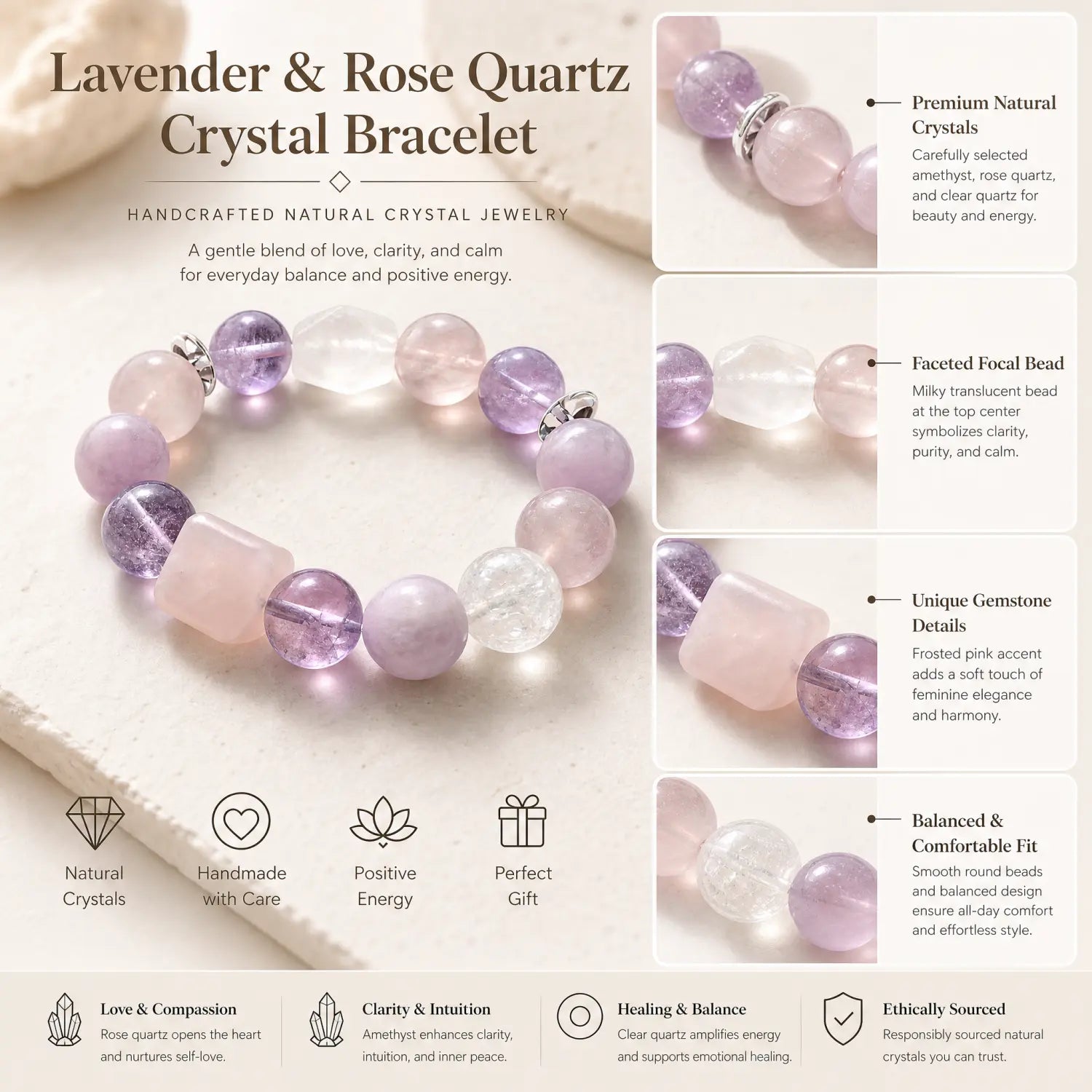 13mm Multi-Stone Crystal Bracelet with Amethyst, Rose Quartz, Clear Quartz - mixed crystal jewelry gift ready box details