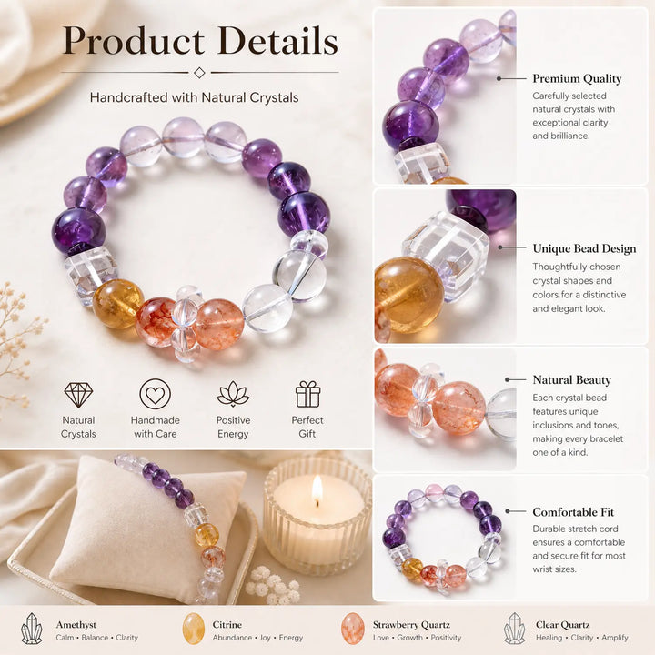12mm Amethyst & Clear Quartz & Citrine Bracelet - 06 mixed crystal jewelry gift ready box details