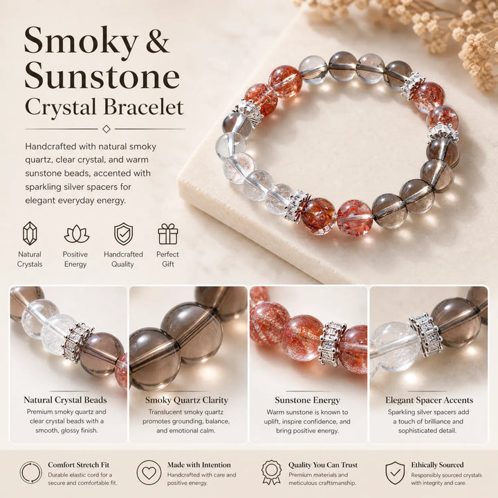 10mm Clear Quartz & Smoky Quartz Bracelet - 06 mixed crystal jewelry gift ready box details