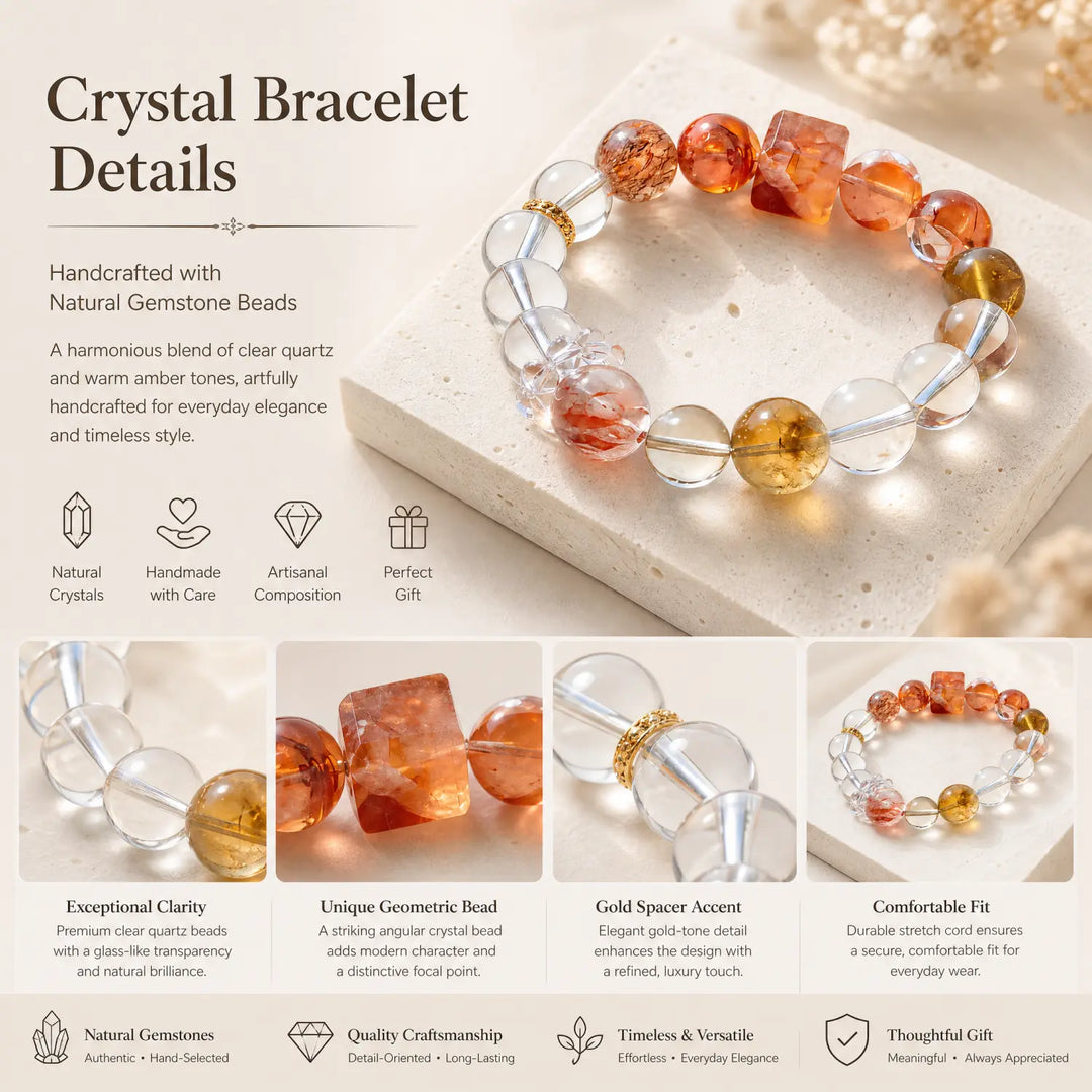 Clear Quartz & Citrine Bracelet - 06 mixed crystal jewelry gift ready box details