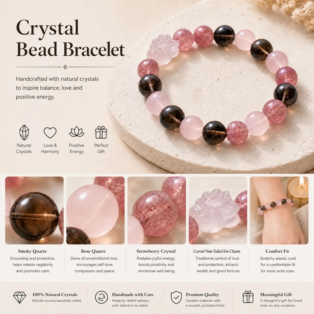 12mm Multi-Stone Crystal Bracelet with Rose Quartz, Strawberry Quartz, Smoky Quartz - mixed crystal jewelry gift ready box details